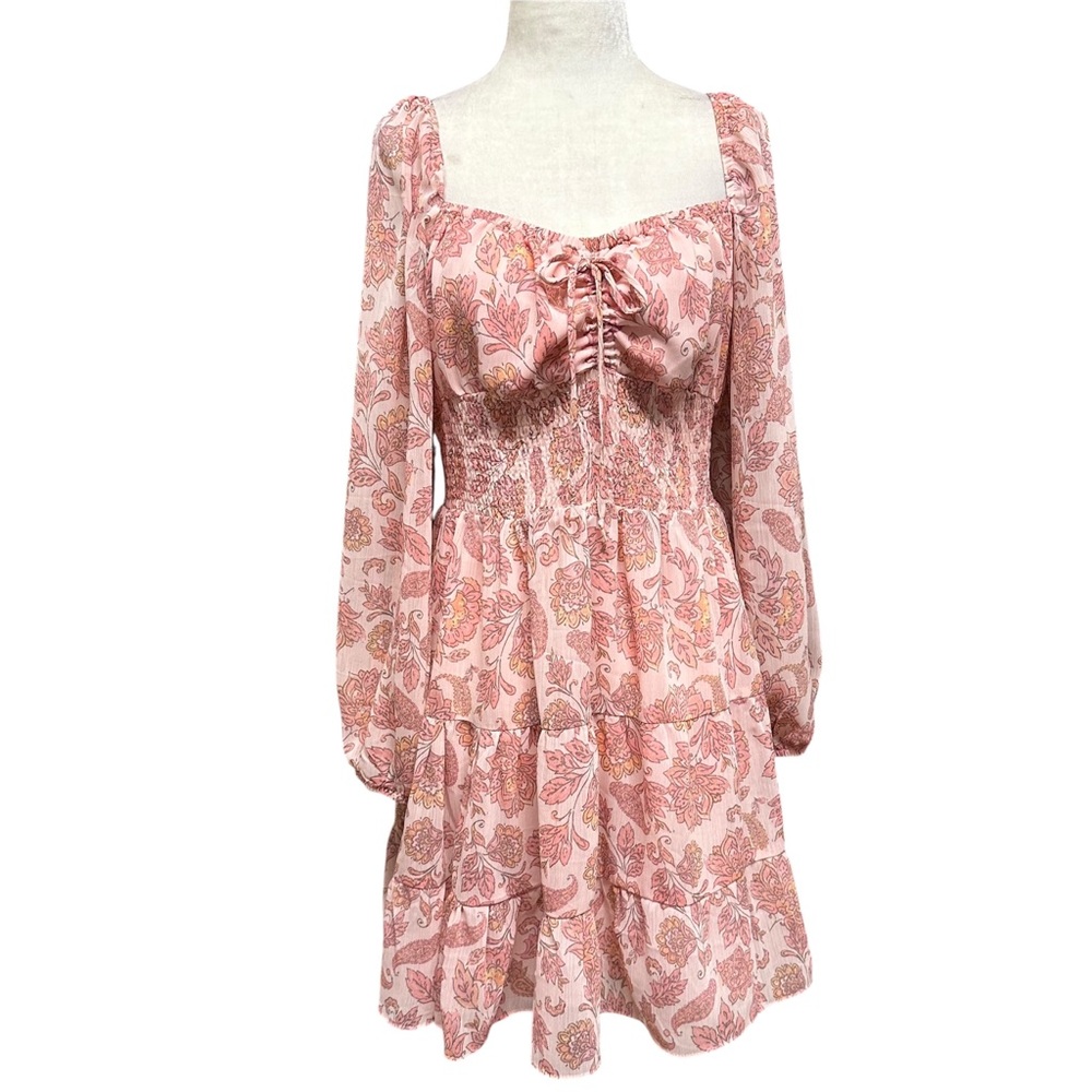 Joe Fresh x Roxy Earle Pink Floral Long-Sleeve Smocked Mini Dress L - Picture 1 of 11